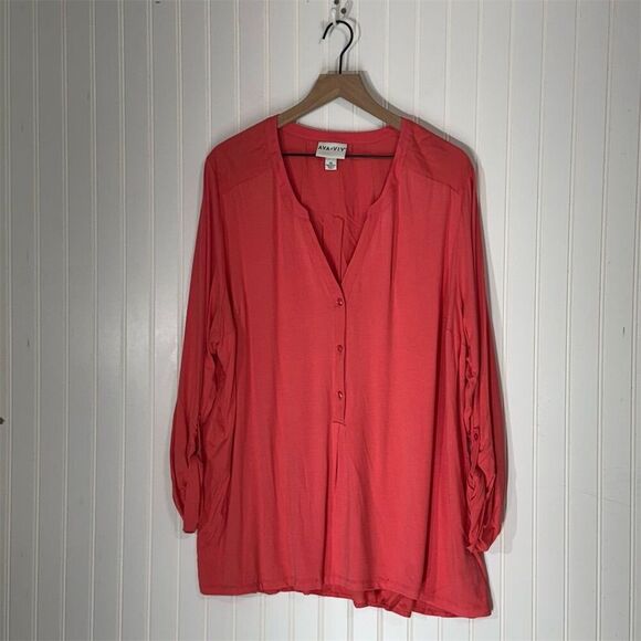 Ava & Viv Coral Pink Button-Front Blouse Tunic Top 3X Lightweight Minimalist - Picture 1 of 7